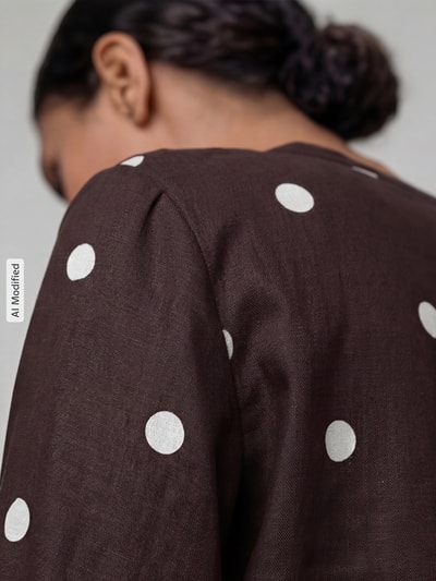 Frauenmodel trägt Regular Fit Bluse mit Zierschleifen von Jake*s Casual, braun mit weißen Punkten, Leinen-Viskose-Mix, Detailaufnahme Rückansicht.