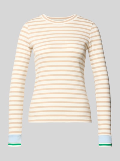 Productfoto, Slim Fit Longsleeve met ronde hals van Marc Cain, dames shirt met lange mouwen van katoenmix, beige-wit gestreept, ruglengte 58 cm, maat 36