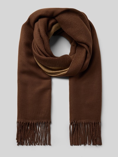 Produktfoto, Schal mit Viskose-Anteil von Kurt Beines im Material-Mix, rechteckig, strick-Optik, braun, Fransenabschlüsse, neutraler Hintergrund