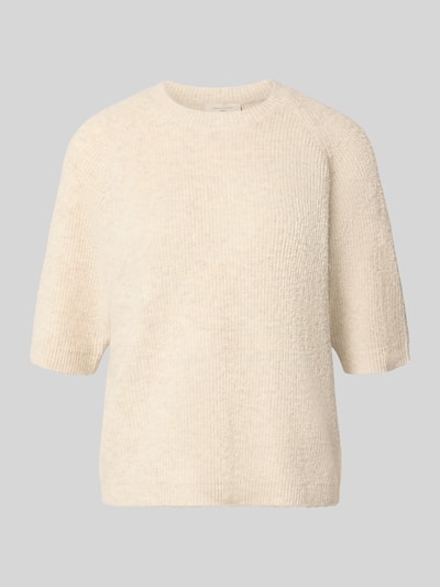 Produktfoto, Relaxed Fit T-Shirt aus Woll-Mix Modell 'Astrid' von FREE/QUENT, elastyczna mieszanka materiałów z dodatkiem wełny, imitacja dzianiny, rękaw o dł. 1/2, okrągły dekolt, kolor kremowy, długość tyłu 57 cm, długość rękawa 28 cm