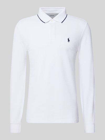 Produktfoto, weißes Poloshirt mit Label-Stitching von Polo Ralph Lauren aus Baumwoll-Elasthan-Mix, Regular-Fit, Polokragen, gerippte Ärmelabschlüsse