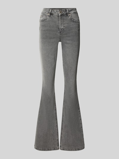 Productfoto, grijze high waist dames jeans van Liu Jo White, mix van katoen en elastaan, flared cut, achterzakken, Model 'UP BEAT'