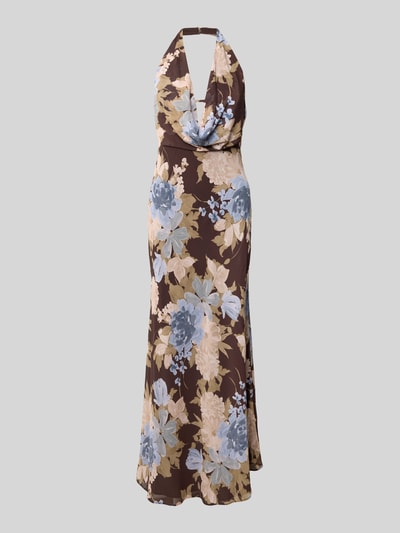 Produktfoto, Abendkleid aus Lyocell-Leinen-Mix Modell 'Gianna' von Forever New, braun mit großem Blumenmuster in Blau und Beige, taillierte Passform, Stufen-Look, durchgehende Knopfleiste, Maxilänge, 3/4-Arm mit elastischen Abschlüssen