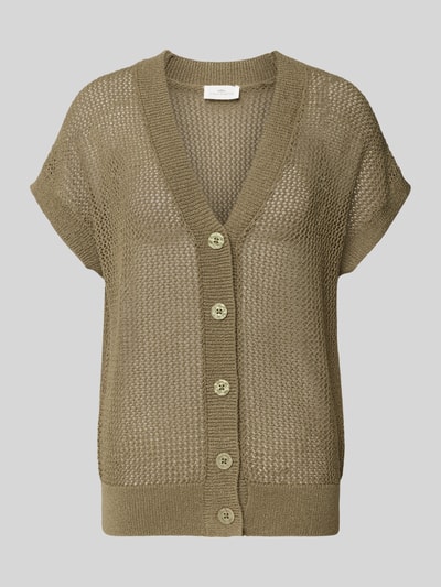 Produktfoto, Cardigan aus Viskose-Mix mit V-Ausschnitt von Fynch-Hatton in Olivgrün, grob gestrickte Struktur, gerade Form, Knopfleiste