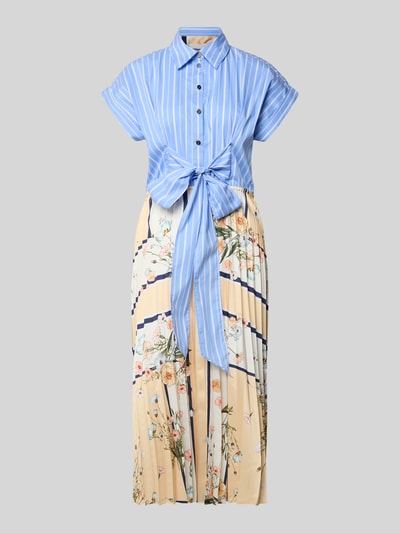Produktfoto, Regular Fit Midikleid mit Zierschleife von Liu Jo White, taillierte Passform, Umlegekragen, kurzärmelig, Falten-Optik, florales Design, blau gestreiftes Oberteil, Rock in Beige mit Blumenmuster.