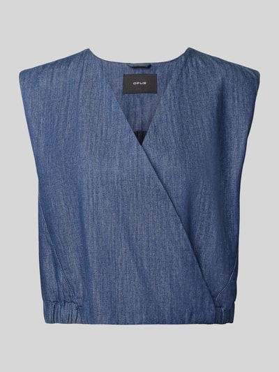 Produktfoto, Weste mit V-Ausschnitt Modell 'Wiona' von OPUS aus Reine Baumwolle, cropped, blau, glatte Oberfläche und strukturierte Textur.