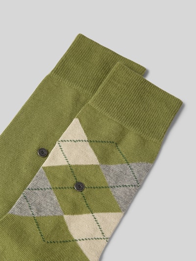 Produktfoto, Socken mit Logo-Applikation im 2er-Pack von Burlington aus elastischem Baumwoll-Mix in Grün mit Rauten und elastischem Bund.