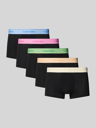 Produktfoto, Trunks im 5er-Pack mit elastischem Logo-Bund von Calvin Klein, Baumwoll-Mix mit Stretch, schwarze Shorts, bunte Bündchen
