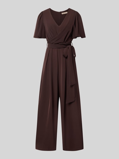 Produktfoto, Jumpsuit mit Stoffgürtel von Rinascimento in Braun, V-Ausschnitt, Kurzarm, Material-Mix mit Stretch-Anteil, tailliert, strukturierte Stoffoberfläche