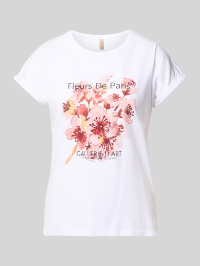Produktfoto, T-Shirt mit Motiv-Print Modell 'RINA' von Soyaconcept, weiß-rosa, Baumwoll-Elasthan-Mix, Regular-Fit, Rundhalsausschnitt, Ärmel mit Aufschlag, Rückseite einfarbig, Rückenlänge bei Größe S: 61 cm, Damen T-Shirt