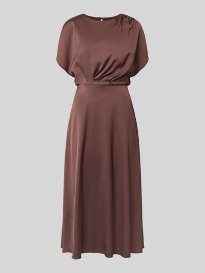 Produktfoto, Midikleid aus Satin von SWING in Braun, taillierte Passform, Rundhalsausschnitt, kurze Ärmel, glatte Textur, Damenmode