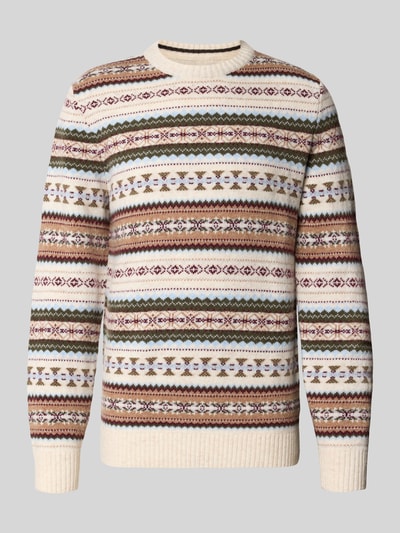 Produktfoto, Slim Fit Strickpullover aus Baumwoll-Mix mit Rundhalsausschnitt von MCNEAL, Muster in Beige, Braun, Grün und Rot, gerippte Abschlüsse, langärmliges Design, Strukturmix.