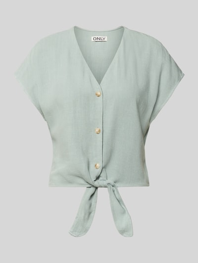 Produktfoto, Regular Fit Blusentop aus Viskose-Leinen-Mix Modell 'SIESTA' von Only in Melange-Optik mit Knotendetail, V-Ausschnitt, einreihiger Knopfleiste und Flammgarn-Materialverarbeitung