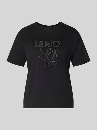 Produktfoto, T-Shirt mit Label-Stitching und Ziersteinbesatz von Liu Jo White, damski t-shirt z bawełny, krój regular fit, okrągły dekolt, długość tyłu w rozmiarze S: 56 cm, czarny kolor, ozdobne kamienie, wyhaftowane logo