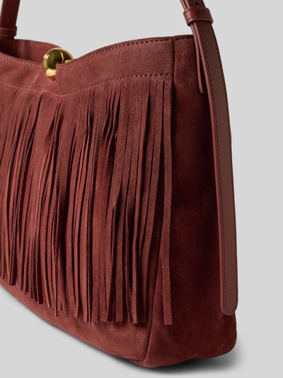Produktfoto, Shoulder Bag aus echtem Leder Modell 'SFERA' von FURLA in Braun, Fransenbesatz, goldener Magnetverschluss, glatte Textur, Detailaufnahme.