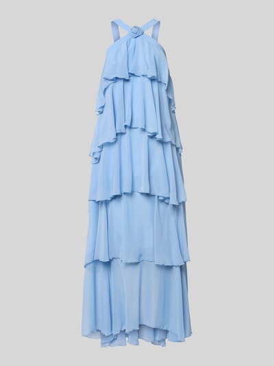 Produktfoto, Volant Abendkleid mit V-Ausschnitt Modell 'FELICIA' von Vero Moda, Optik: Unifarben, Passform: Volantkleid, Maxi-Länge, Ausschnitt: V-Ausschnitt, Verschluss: Nahtreißverschluss, Materialverarbeitung: Chiffon, zartes Hellblau, geschichtete Volants, fließende Textur