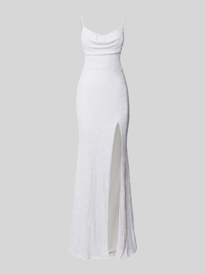 Produktfoto, Abendkleid aus Pailletten von Hey Kyla in Weiß, elastischer Material-Mix, Spaghettiträger, Gehschlitz, Maxilänge, schimmernde Textur