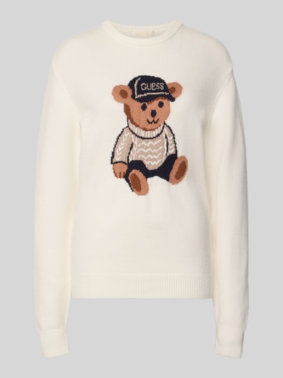 Produktfoto, weißer Regular Fit Strickpullover aus Viskose-Mix mit Motiv-Stitching, GUESS, gerippte Abschlüsse, Rundhalsausschnitt