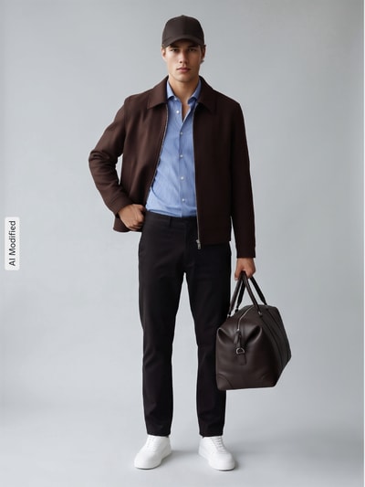 Männermodel trägt Blouson aus Woll-Mix mit Zweiwege Reißverschluss von Selected, unifarben, Umlegekragen, Ganzkörperansicht von vorne, KI-modifiziertes Bild