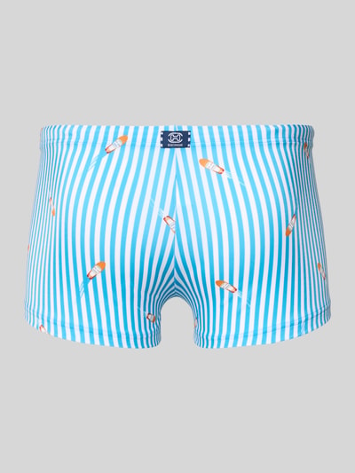 Produktfoto, Badehose im Allover-Look Modell 'Viareggio' von HOM für Herren, Material-Mix mit Stretch-Anteil, Körpernahe Passform, elastischer Bund, Tunnelzug, türkis-weiß gestreiftes Design mit kleinen Surfbrett-Motiven, glatte Textur