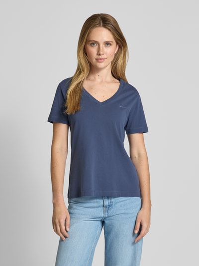 Gant T-shirt met geribde V-hals Marineblauw - 4