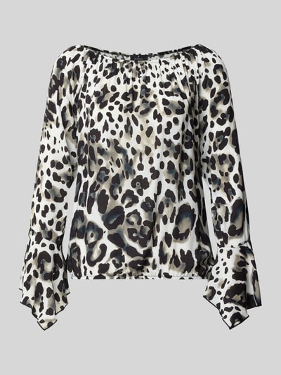 Produktfoto, Blusenshirt aus Viskose im Allover-Look von monari in Weiß mit schwarzen und grauen Mustern, Regular-Fit, Rundhalsausschnitt, Reine Viskose, Rückenlänge bei Größe 36: 55 cm, Ärmellänge bei Größe 36: 54 cm
