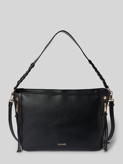 Produktfoto, schwarze Hobo Bag mit Label-Detail Modell 'GIHEN' von Liu Jo White mit Flecht-Optik Schultergurt, Reißverschlüsse, 40 cm Breite, 26 cm Länge, 14 cm Tiefe, 115 cm verstellbarer Schultergurt, Hauptfach mit Reißverschluss, Reißverschlusstasche innen.