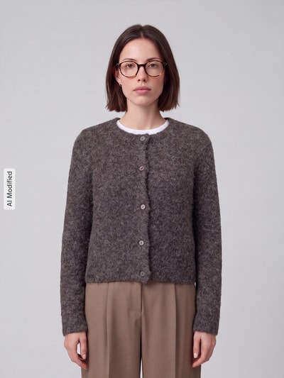 Frauenmodel trägt Regular Fit Strickjacke mit Woll-Anteil Modell 'NOVAH' von VERO MODA in meliertem Dunkelgrau, Ganzkörperansicht von vorne, Damen Strickjacke, KI-modifiziertes Bild.