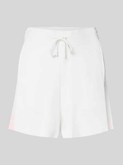 Productfoto, Wide Fit Shorts uit viscosemix model 'Gabry' van Guess Activewear, elastische tailleband met trekkoord, verlengde achterkant, steekzakken, S: taille 36 cm, binnenbeenlengte 7 cm, dames shorts, kleur wit met lichtroze accenten, gladde textuur