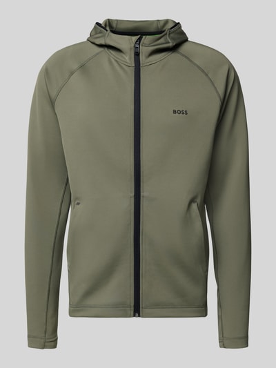 Produktfoto, Regular Fit Trainingsjacke aus schnell trocknendem Gewebe Modell 'SICON ACTIVE' von BOSS Green, Optik: Unifarben, Reißverschlusstaschen, Kapuze, Label-Print, Langarm mit Daumenschlaufen, glatte Textur