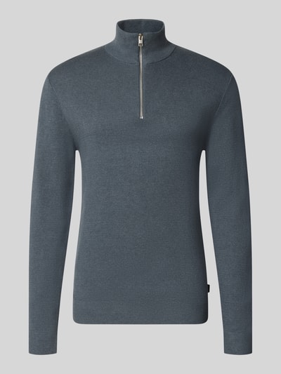 Produktfoto, Slim Fit Pullover aus reiner Baumwolle Modell 'MILANO' von JACK & JONES, Strick-Optik in Dunkelblau, Troyer-Kragen, klare Linien