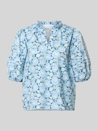 Produktfoto, Bluse mit Serafino-Kragen und Ballonärmeln von Rich & Royal aus reiner Baumwolle mit blauem Blumenmuster, Loose-Fit