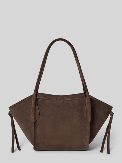 Produktfoto, Shopper aus echtem Leder Modell 'VIBE' von Abro in Dunkelbraun, seitliche Bindebänder, Label-Detail metallic, glatte Textur