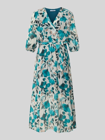 Produktfoto, Midikleid in Wickel-Optik Modell 'Mo44moo' von ZABAIONE aus Chiffon in Türkis-Weiß mit Allover-Blumenmuster, A-Linie, Bindegürtel, V-Ausschnitt.