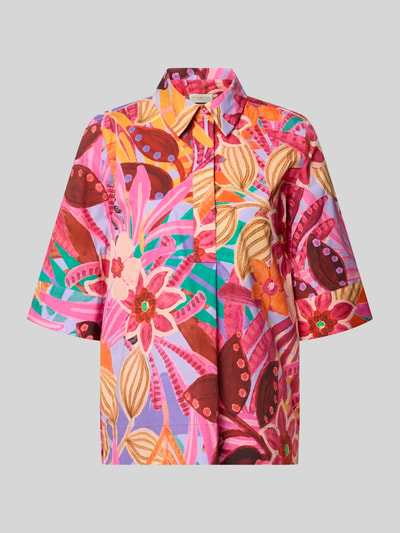 Produktfoto, Bluse mit verdeckter Knopfleiste und 1/2-Arm von Milano Italy in buntem Blumenmuster, Baumwoll-Mix mit Stretch-Anteil, Straight Fit, Hemdblusenkragen, Rückenlänge bei Größe 36 59 cm, Ärmellänge 35 cm