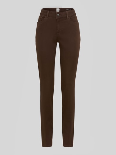 Produktfoto, dunkelbraune Slim Fit Schmale Hose aus Lyocell-Mix mit Modal-Baumwoll-Anteil Modell 'SHAKIRA' von Brax, Damen Schmale Hose von Brax, glatte Textur, schmale Form, neutrale Rückansicht.