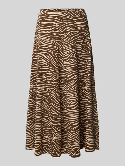 Produktfoto, bruin-beige zebrapatroon, vloeiende vorm, fijne textuur, midi-rok uit katoenmix model 'ILENIAA LARAA' van Armedangels, dames midi-rok