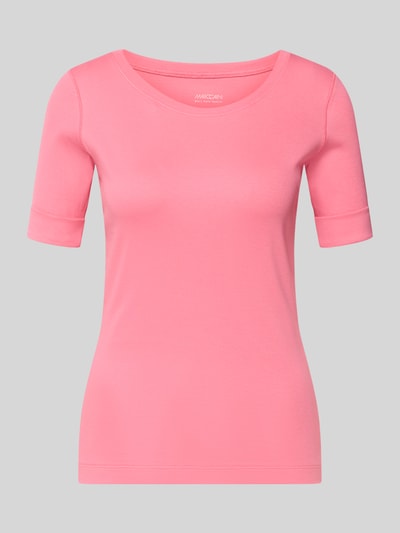 Produktfoto, T-Shirt mit Rundhalsausschnitt und 1/2-Arm von Marc Cain z mieszanki bawełny i elastanu, krój slim fit, damski t-shirt, okrągły dekolt, rękaw o dł. 1/2, długość tyłu w rozmiarze 36: 56 cm, kolor różowy, gładka faktura