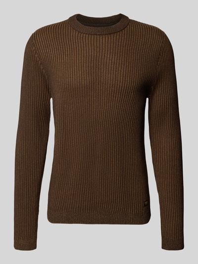 Produktfoto, Slim Fit Strickpullover aus Baumwoll-Mix Modell 'DOVER' von JACK & JONES in Braun mit elastischen Abschlüssen, krój slim fit, długość tyłu w rozmiarze M: 70 cm, długość rękawa w rozmiarze M: 70 cm