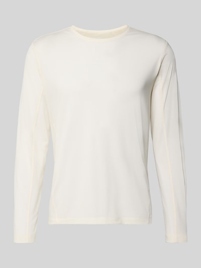 Produktfoto, Funktionsshirt mit Logo und Rundhalsausschnitt von Salomon in Weiß, Regular Fit, Langarmshirt, glatte Textur, neutrale Hintergrundfarbe
