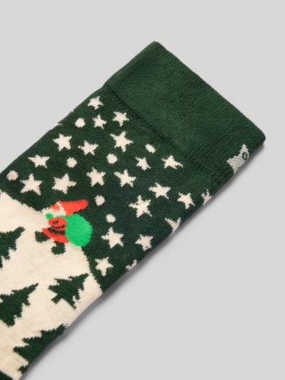 Produktfoto, Socken aus elastischem Baumwoll-Mix Modell 'Santa on the Way' von Happy Socks in Grün mit Sternen und Weihnachtsmotiv, Regular Fit, Logo-Stitching sowie Motiv-Stitching