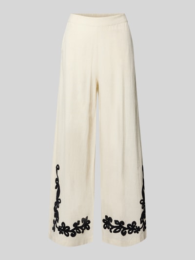 Produktfoto, cremefarbene Stoffhose aus Viskose-Mix in 7/8-Länge Modell 'POLLI' von Vila mit schwarzen Stitchings, Wide Fit, Leinen-Anteil