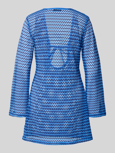 Produktfoto, Strandkleid mit tiefem Ausschnitt von Seafolly, niebieski materiał z rozciągliwym miksem, półprzezroczysty, krótka długość, dzwonowate rękawy, wiązanie, dopasowany krój