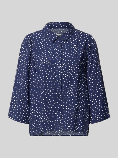 Produktfoto, Regular Fit Bluse aus Viskose mit 3/4-Arm Modell 'Bono' von LOLLYS LAUNDRY, Allover-Look, Hemdblusenkragen, Knopfleiste, dunkelblau mit weißen Punkten, strukturierte Oberfläche, Rückenlänge 60 cm, Ärmellänge 45 cm, Größe S.