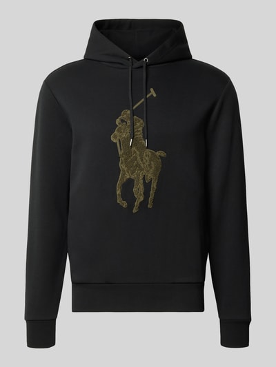 Produktfoto, zwarte regular fit hoodie van katoenmix met groot goudkleurig polospelerlogo, Regular Fit Hoodie aus Baumwoll-Mix van Polo Ralph Lauren, Heren