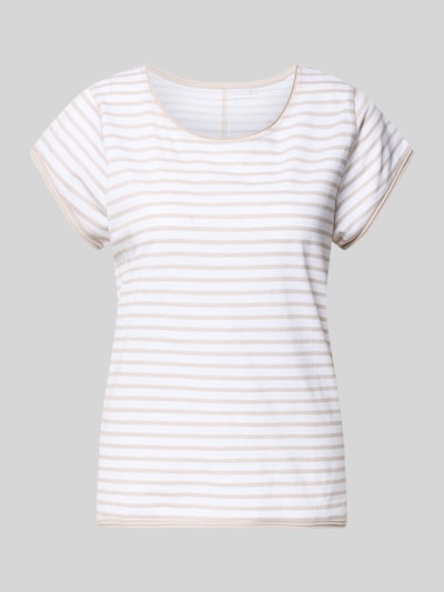 Produktfoto, T-Shirt mit Streifenmuster und Rundhalsausschnitt van Christian Berg Woman, bio-katoen, regular fit, beige-witte strepen, dames, ruglengte maat S 69 cm