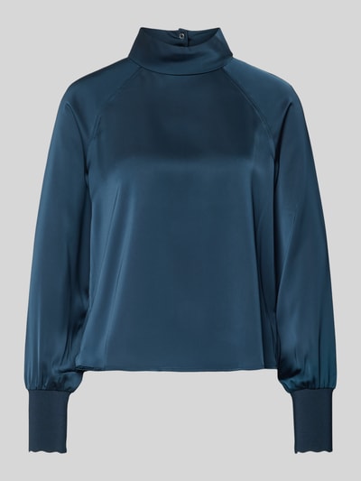Produktfoto, Blusenshirt aus Viskose-Mix von Zero, prosty krój, stójka, bufiaste rękawy, mieszanka wiskozy z dodatkiem streczu, kolor ciemnoniebieski, gładka tekstura, długość tyłu 52 cm, długość rękawów 63 cm, rozmiar 36.
