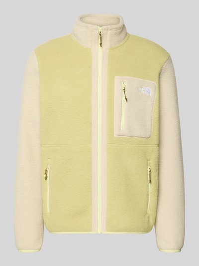 Produktfoto, Fleecejacke mit Label-Stitching Modell 'Yumiori' von The North Face in Beige-Gelb mit Reißverschluss, Reißverschlusstaschen, Stehkragen, Regular-Fit, strukturierte weiche Oberfläche, Herren, Rückenlänge 67 cm, Ärmellänge 70 cm, Größe M.
