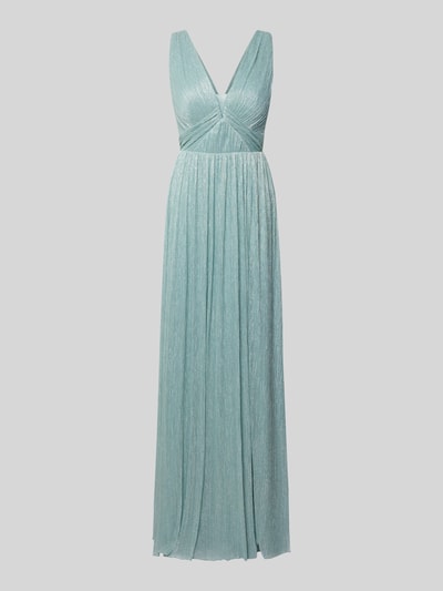 Produktfoto, Schimmerndes Abendkleid mit V-Ausschnitt von TROYDEN COLLECTION, kolor jasnoniebieski, długość maxi, krój slim fit, tekstura plisowana, szerokość w rozmiarze 36: 43 cm, długość pleców: 139 cm