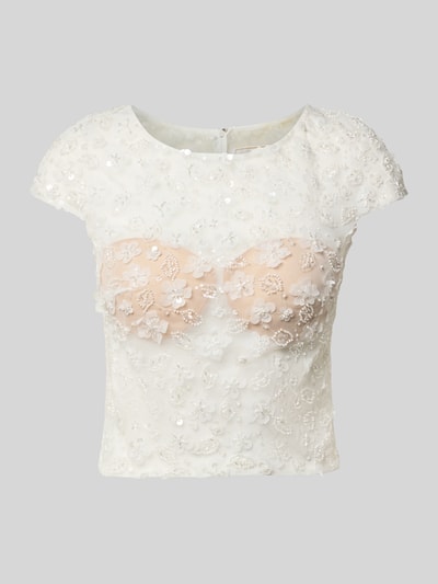 Produktfoto, T-Shirt mit Perlen und Rundhalsausschnitt von LUXUAR FASHION in Weiß, Mesh-Optik, Slim Fit, florale Textur, Größe 36, 38 cm Rückenlänge